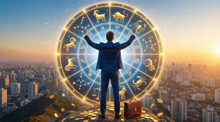 Persona in abito davanti a ruota zodiacale illuminata con vista sulla città al tramonto