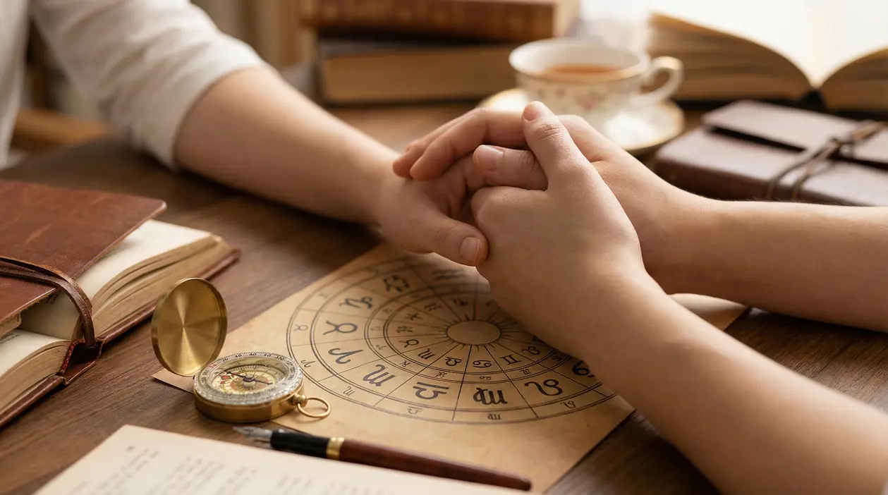 Due persone si tengono per mano sopra una carta astrologica su un tavolo di legno