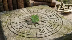 Tavola di pietra con simboli zodiacali, monete e quadrifoglio al centro