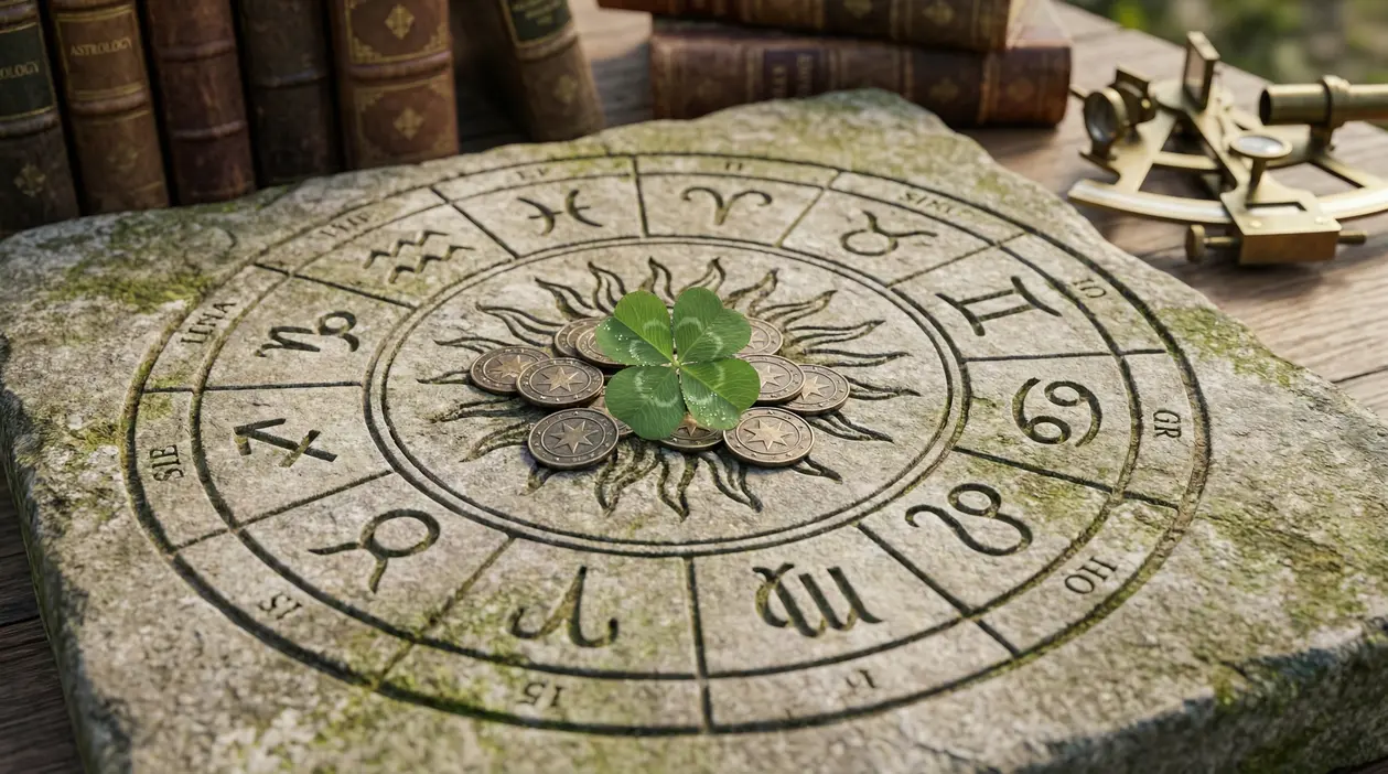 Tavola di pietra con simboli zodiacali, monete e quadrifoglio al centro
