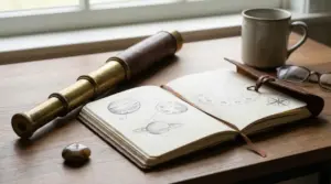 Taccuino aperto con disegni astrologici, accanto a un cannocchiale e una tazza su un tavolo