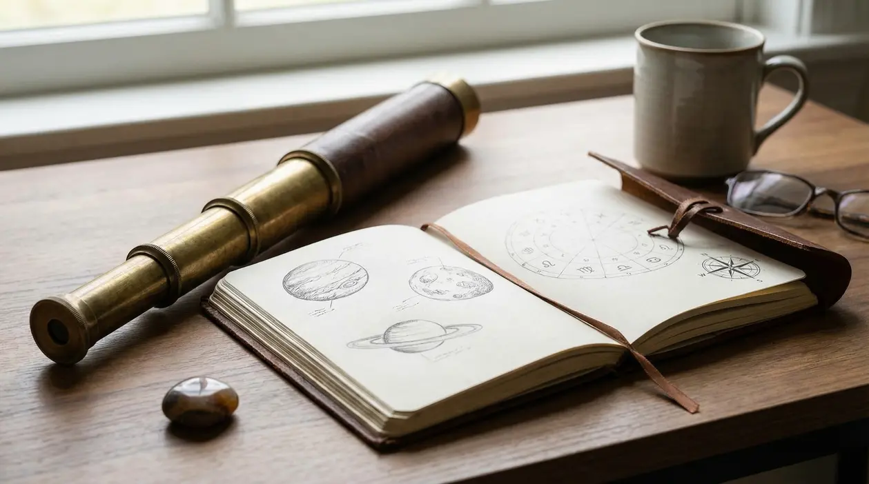 Taccuino aperto con disegni astrologici, accanto a un cannocchiale e una tazza su un tavolo