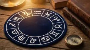 Disco con simboli zodiacali su tavolo di legno accanto a libri antichi e bussola