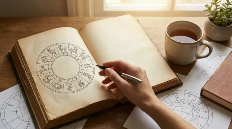 Una mano indica un libro aperto con simboli zodiacali su una scrivania