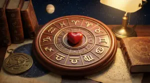 Ruota zodiacale in legno con simboli astrologici e un cuore al centro, circondata da libri e mappe stellari.
