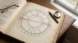 Vecchio libro con una carta astrologica aperta su un tavolo di legno vicino a una finestra
