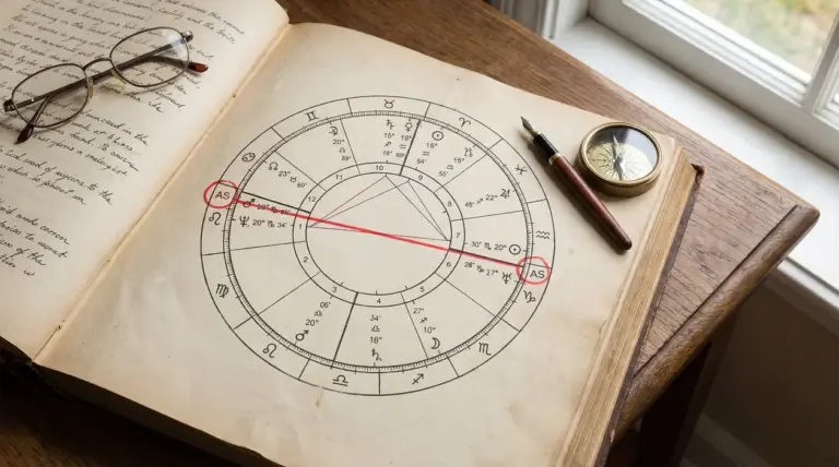 Vecchio libro con una carta astrologica aperta su un tavolo di legno vicino a una finestra