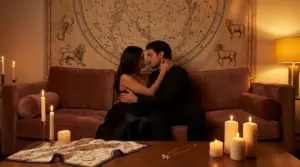 Coppia seduta su un divano che si abbraccia in un'atmosfera romantica con sfondo zodiacale