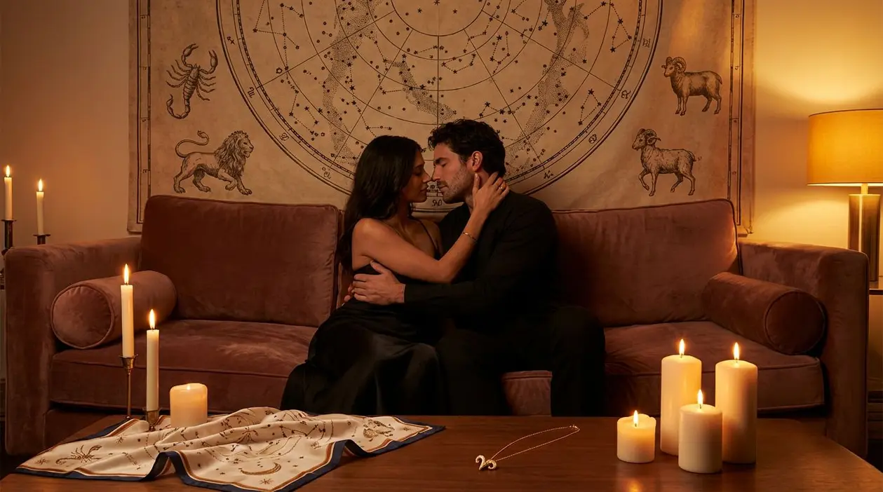 Coppia seduta su un divano che si abbraccia in un'atmosfera romantica con sfondo zodiacale