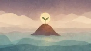 Una piantina che cresce su una collina solitaria al tramonto