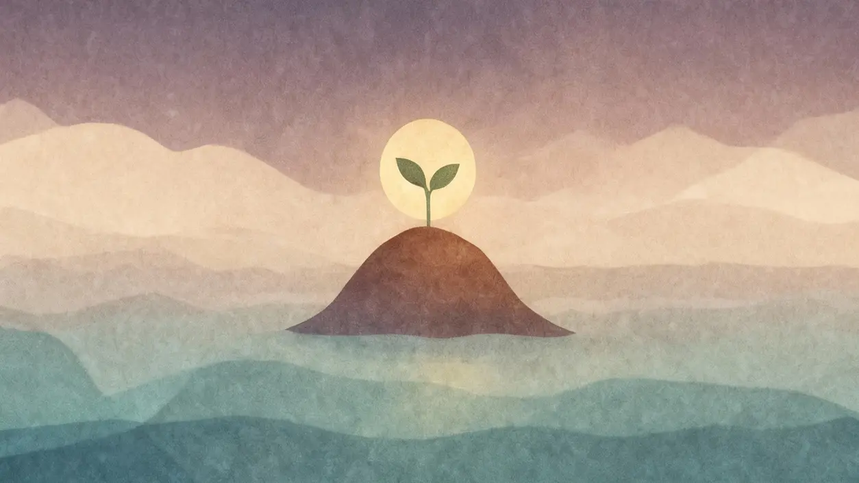 Una piantina che cresce su una collina solitaria al tramonto