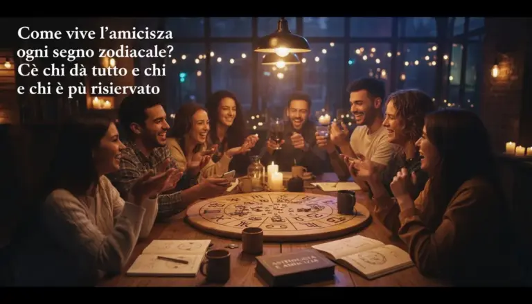 Un gruppo di persone sorride attorno a un tavolo con simboli zodiacali e candele accese