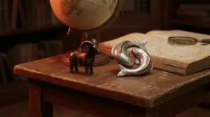 Simboli di Ariete e Pesci su un tavolo con mappa astrologica e globo