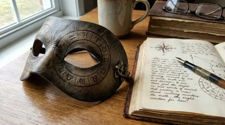 Maschera in pelle con simboli zodiacali su un tavolo accanto a un libro e una penna stilografica