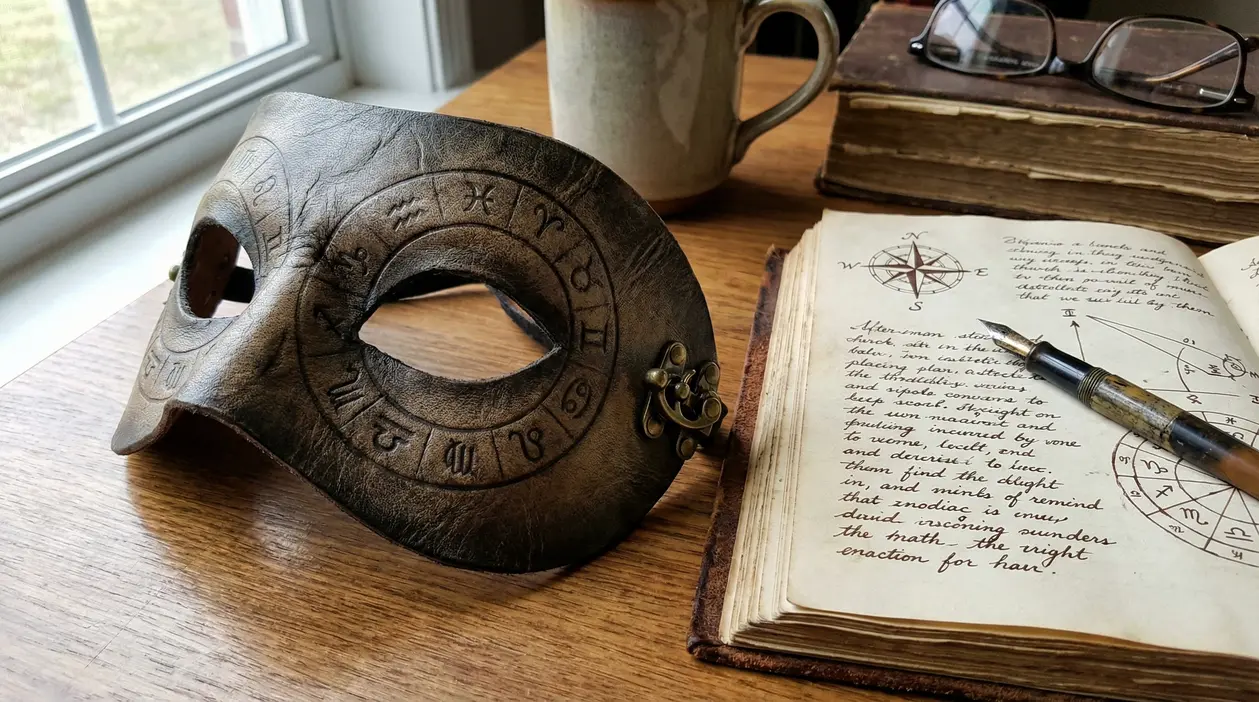 Maschera in pelle con simboli zodiacali su un tavolo accanto a un libro e una penna stilografica