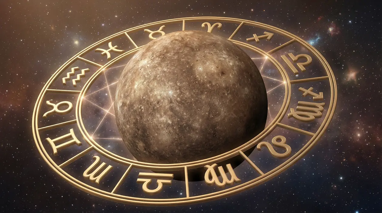 Il pianeta Mercurio al centro di un cerchio zodiacale nello spazio