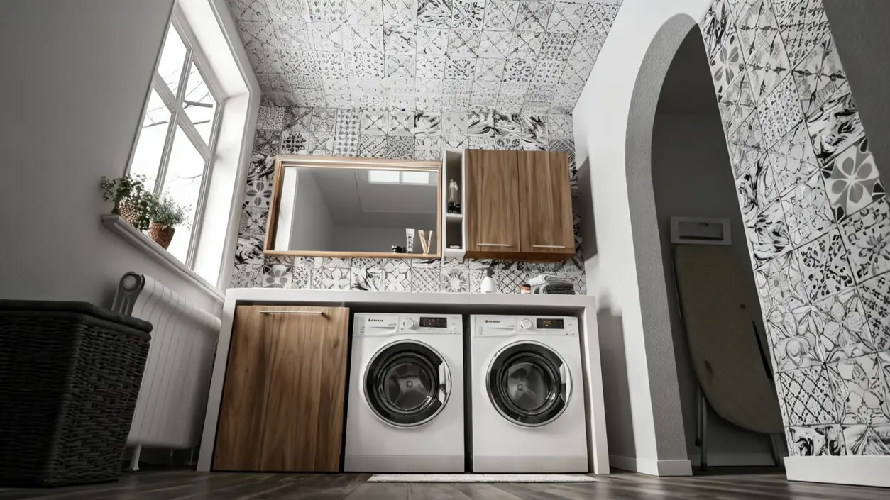 Lavatrice integrata in una cucina moderna con mobili in legno e piastrelle decorative