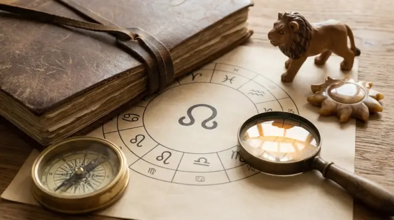 Oggetti su un tavolo con simbolo del Leone al centro di una ruota zodiacale