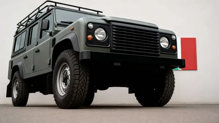 Fuoristrada sportivo verde scuro parcheggiato davanti a un muro con bandiera italiana