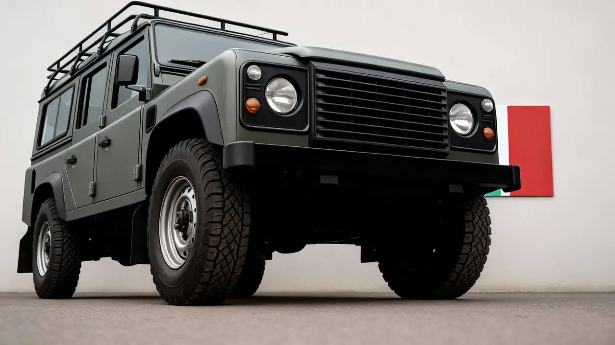 Fuoristrada sportivo verde scuro parcheggiato davanti a un muro con bandiera italiana