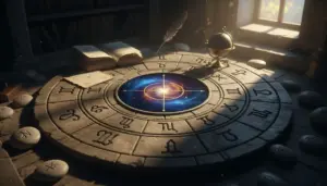 Tavola zodiacale in pietra con simboli astrologici e una galassia luminosa al centro