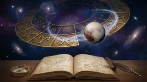 Simboli zodiacali, Plutone e libro di astrologia su sfondo cosmico