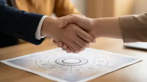 Stretta di mano tra due persone sopra un grafico dei segni zodiacali
