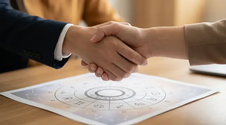 Stretta di mano tra due persone sopra un grafico dei segni zodiacali