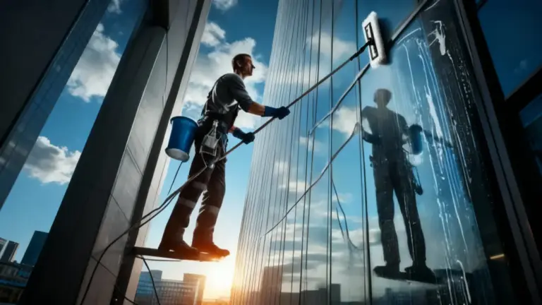 Una persona pulisce i vetri di un grattacielo con attrezzi professionali al tramonto
