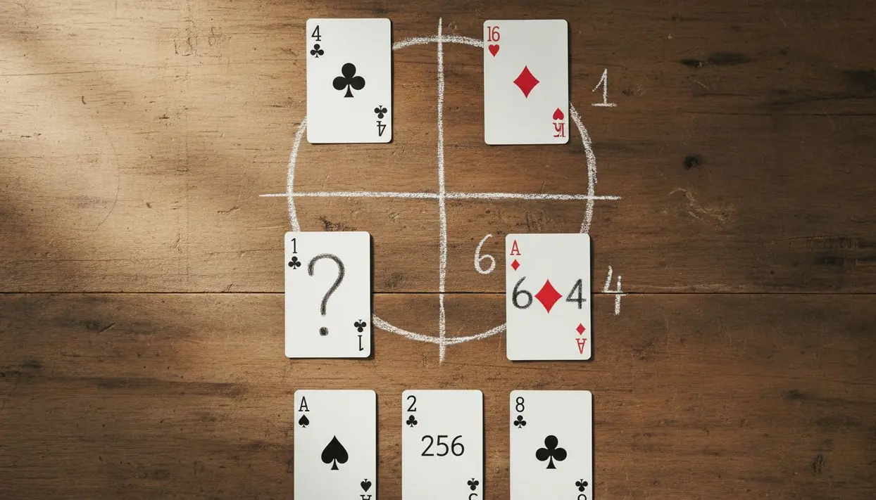 Carte da gioco disposte in schema circolare su un tavolo di legno con punto interrogativo