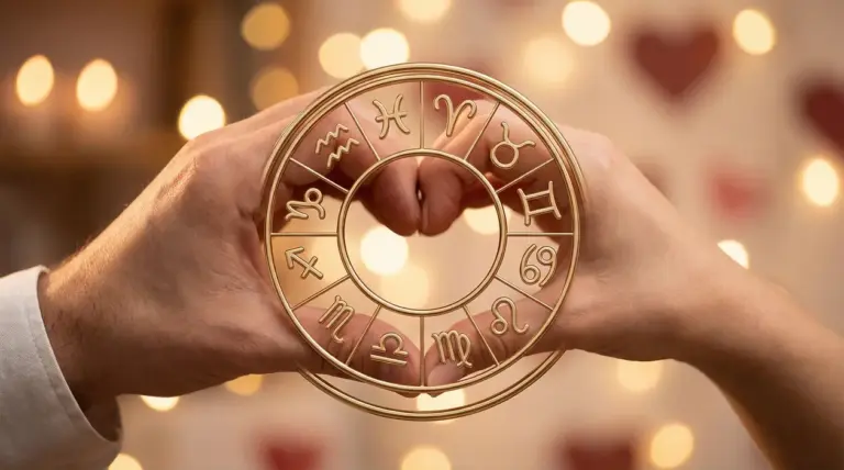 Due mani tengono un cerchio con simboli zodiacali su sfondo romantico