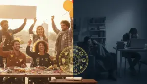 Persone che reagiscono in modi opposti al successo, con simboli zodiacali al centro