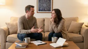 Due persone sedute su un divano parlano, con un libro sui segni zodiacali sul tavolino