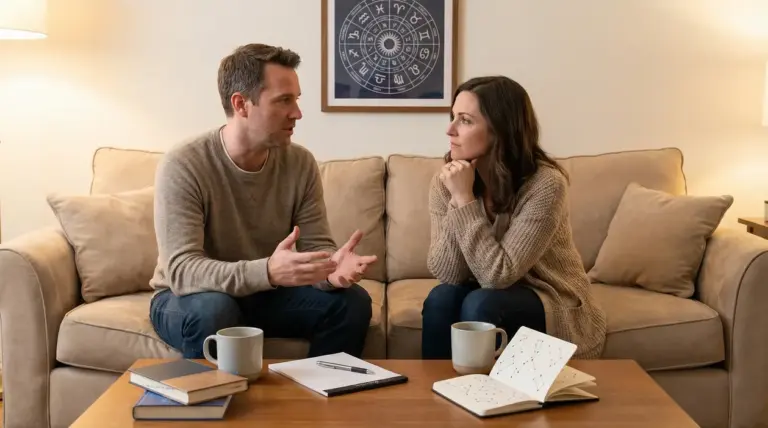 Due persone sedute su un divano parlano, con un libro sui segni zodiacali sul tavolino