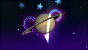 Pianeta Saturno nello spazio con simboli zodiacali e stelle sullo sfondo