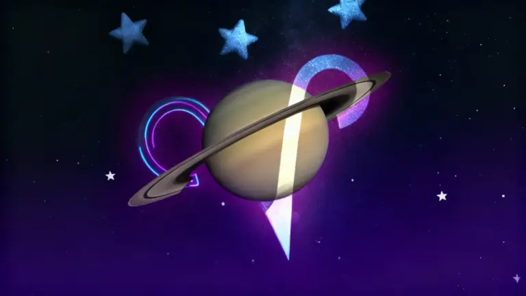 Pianeta Saturno nello spazio con simboli zodiacali e stelle sullo sfondo