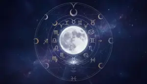 Illustrazione della luna piena circondata dai simboli dei segni zodiacali su sfondo stellato