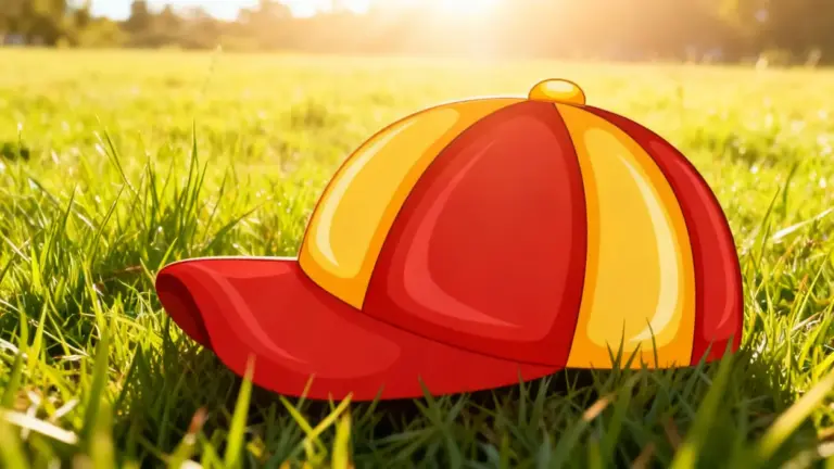 Cappellino rosso e giallo su un prato illuminato dal sole