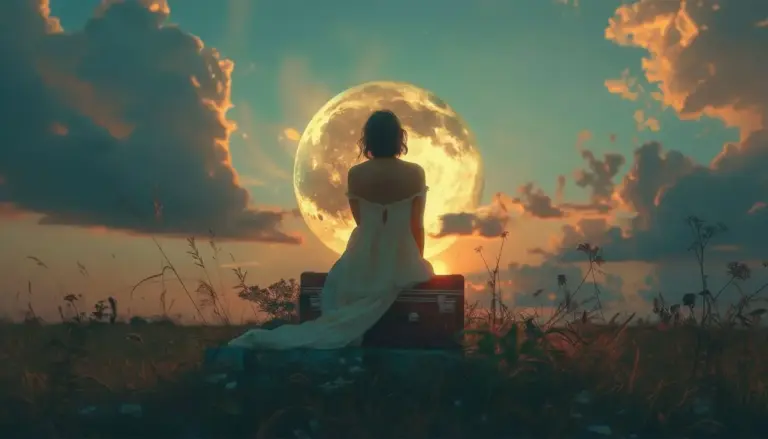 Persona seduta in un campo guarda una grande luna piena all'orizzonte al tramonto