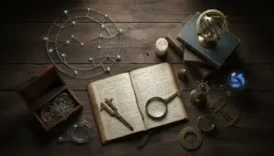 Oggetti astrologici su un tavolo tra cui libro aperto, mappa stellare, strumenti antichi e globo celeste