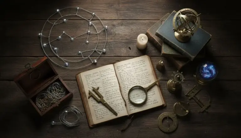 Oggetti astrologici su un tavolo tra cui libro aperto, mappa stellare, strumenti antichi e globo celeste