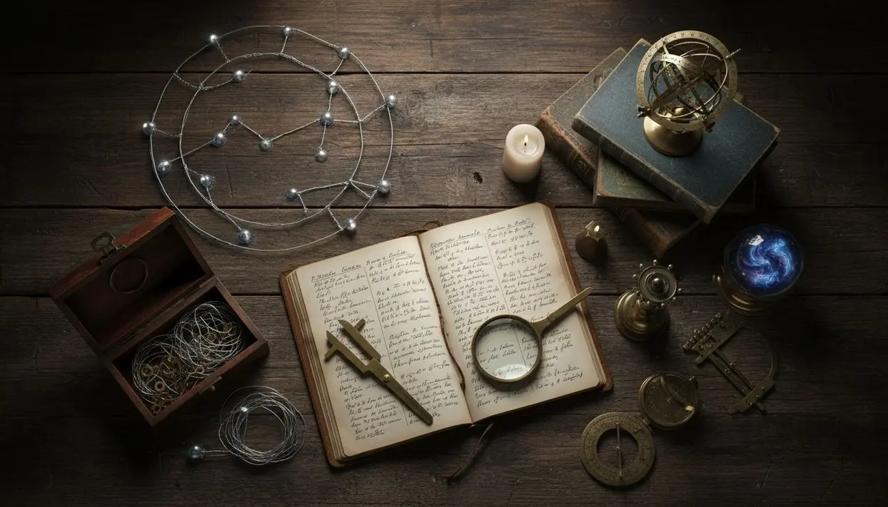 Oggetti astrologici su un tavolo tra cui libro aperto, mappa stellare, strumenti antichi e globo celeste