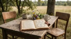 Un libro aperto con simboli zodiacali su un tavolo rustico all'aperto con due tazze e un mazzo di fiori