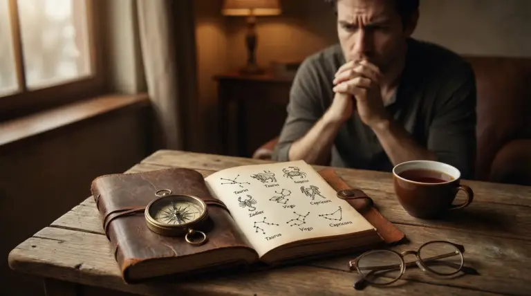 Persona pensierosa osserva un libro aperto con segni zodiacali su un tavolo di legno