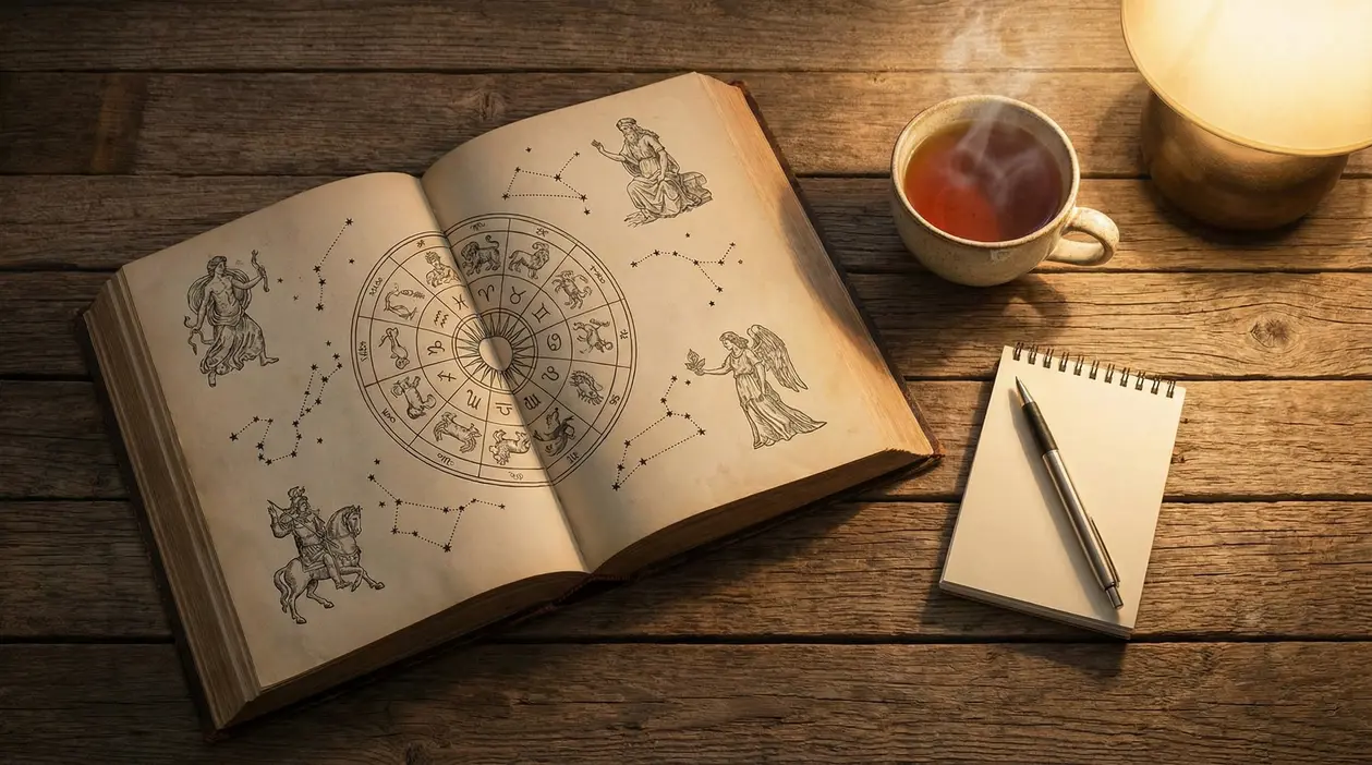 Libro aperto con simboli dello zodiaco su un tavolo di legno, accanto a una tazza di tè e un blocco note