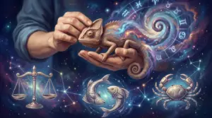 Una persona tiene un camaleonte in mano con simboli zodiacali e costellazioni sullo sfondo stellato