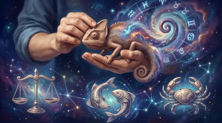 Una persona tiene un camaleonte in mano con simboli zodiacali e costellazioni sullo sfondo stellato