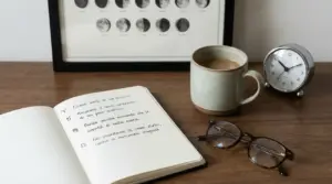 Taccuino aperto con simboli zodiacali, tazza di caffè, occhiali e orologio da tavolo su scrivania