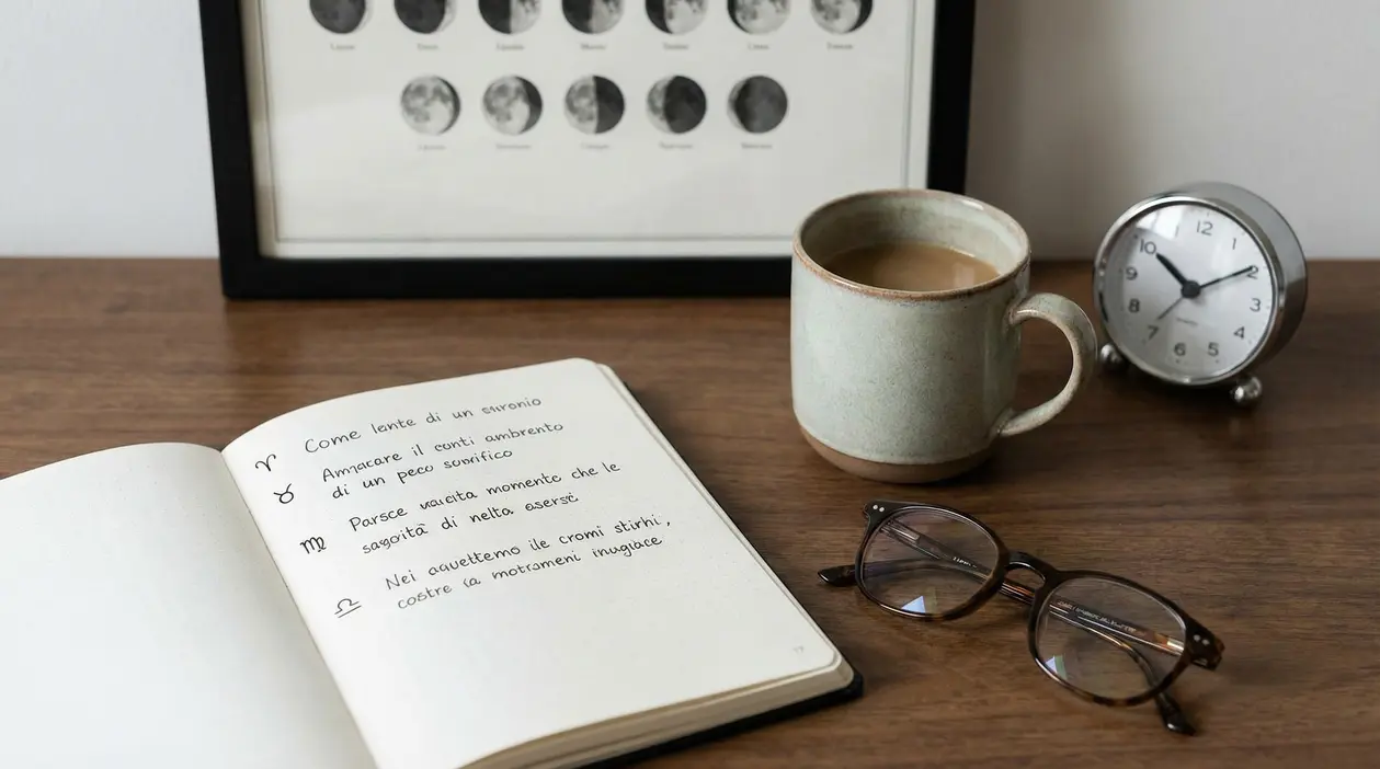 Taccuino aperto con simboli zodiacali, tazza di caffè, occhiali e orologio da tavolo su scrivania