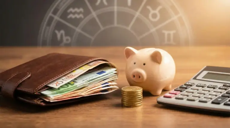 Portafoglio con banconote, salvadanaio e calcolatrice su un tavolo con simboli zodiacali sullo sfondo